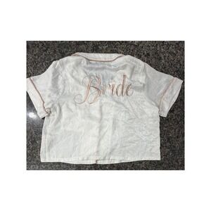 Missguided Bride‎ Pajama Top White Rose Gold Embroidered Crop Button Up US 6